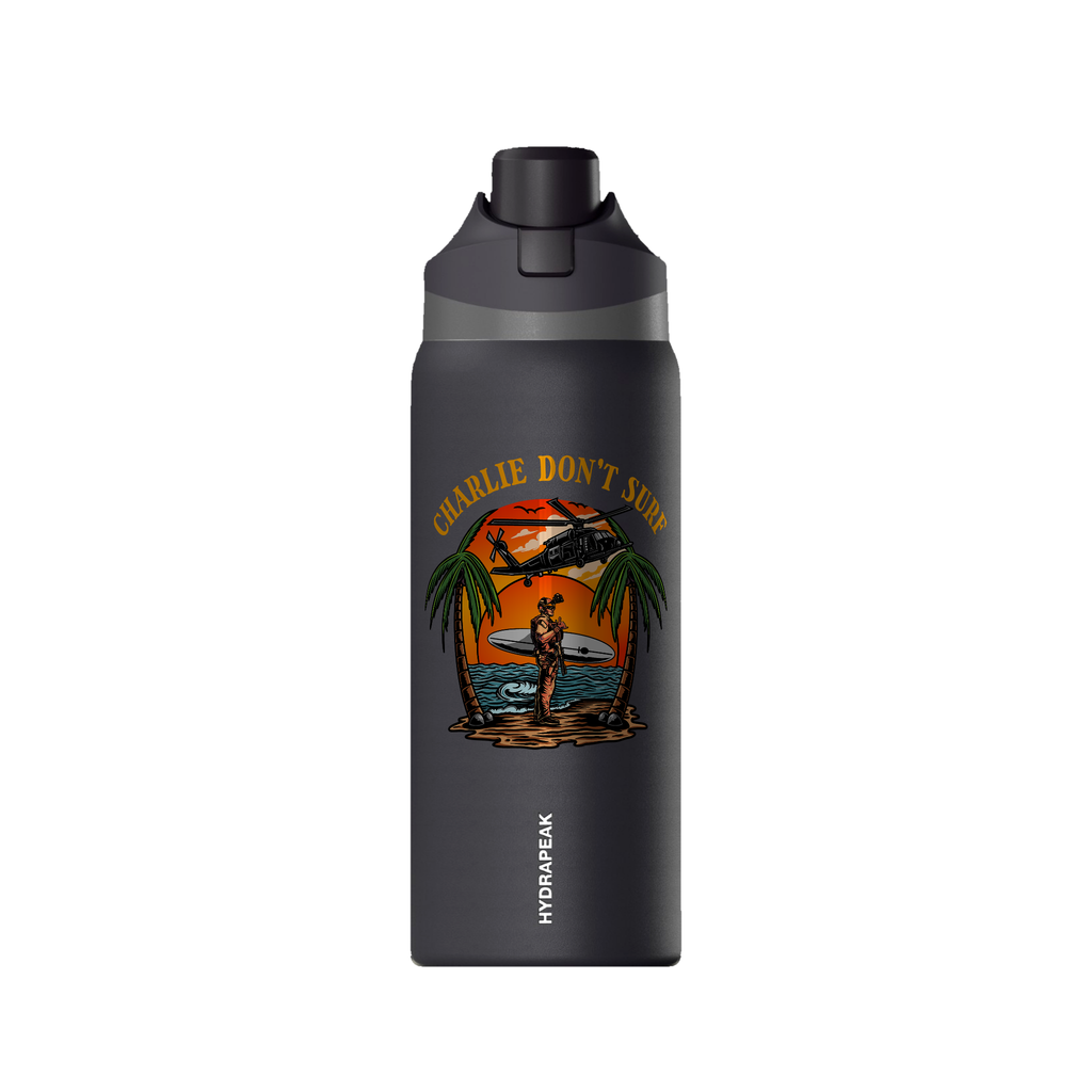 Charlie Don't Surf 32oz Water Bottle — Black, front