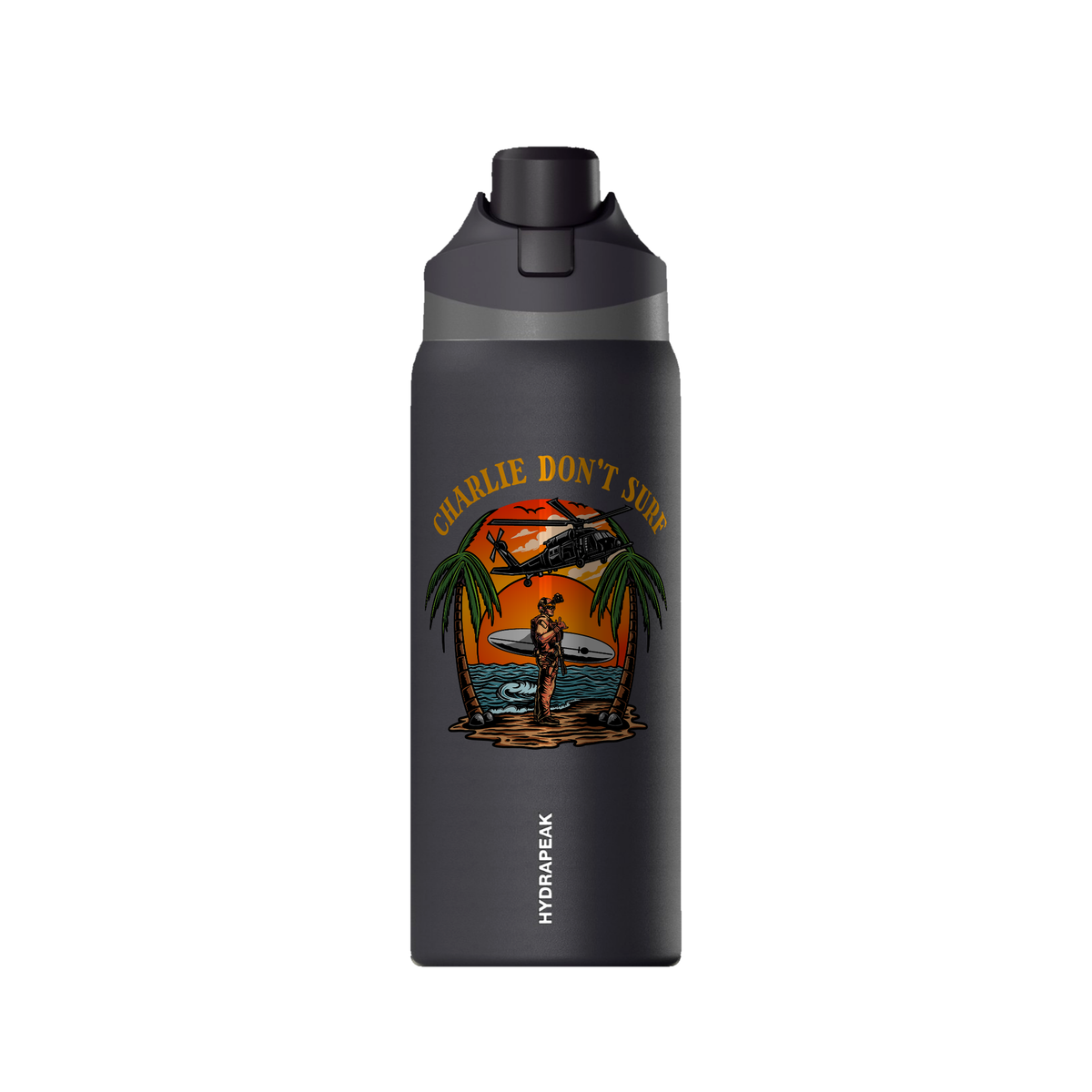 Charlie Don't Surf 32oz Water Bottle — Black, front