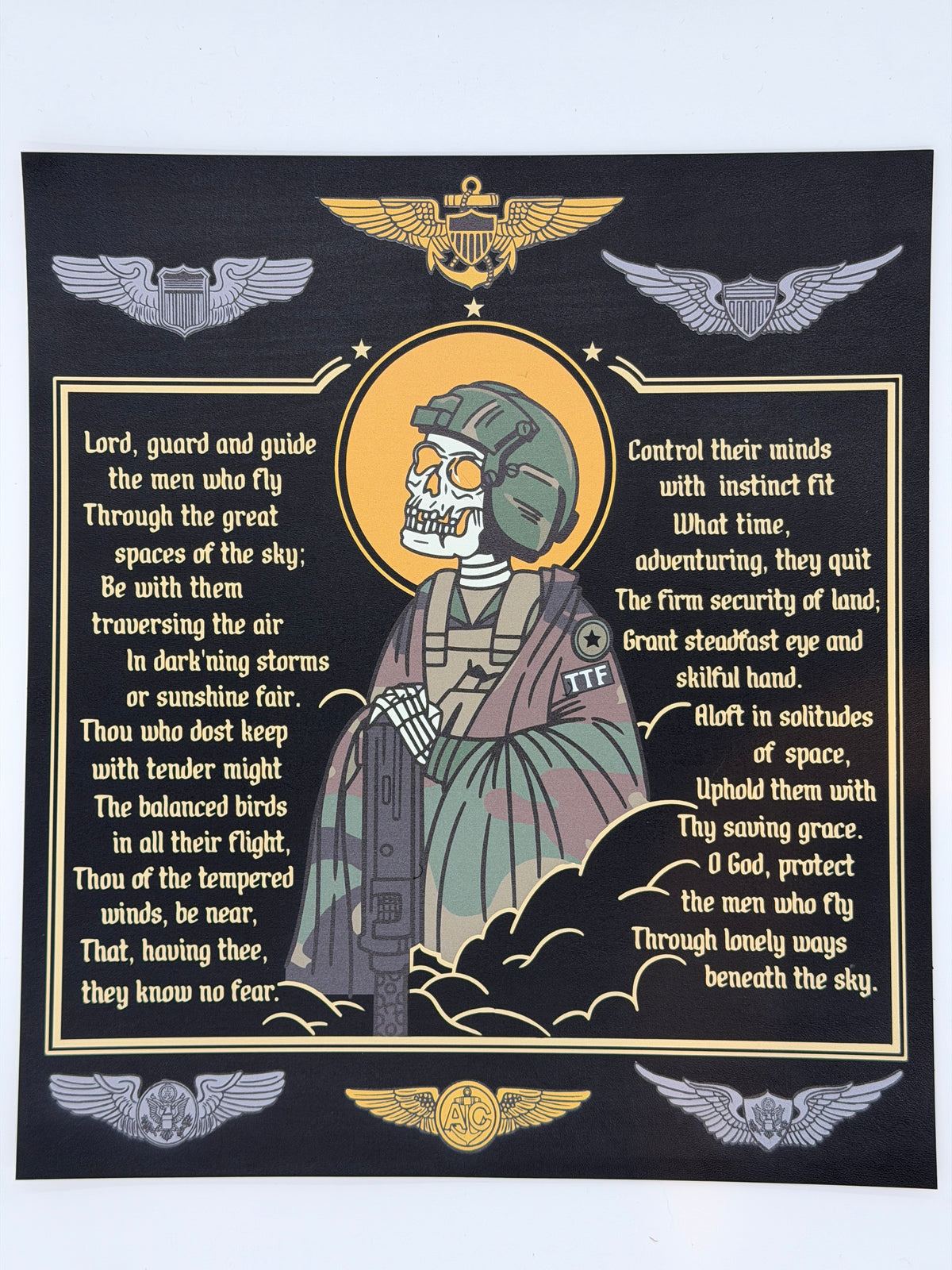 Aviator Prayer wall hanger on black leather: the full Aviator's Prayer around a praying skeleton aircrew figure with a halo, framed by Army, Navy and Air Force aviator wings