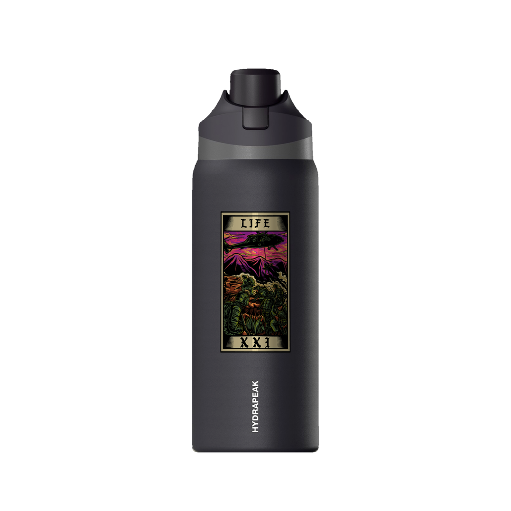 Life Tarot Card 32oz Water Bottle — Black, front