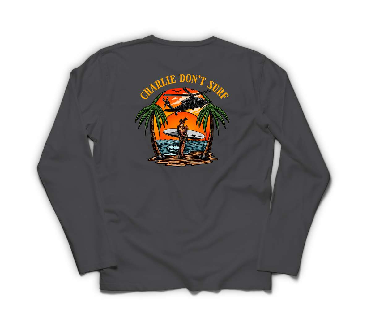 Charlie Don't Surf Long Sleeve — Dark Heather, back