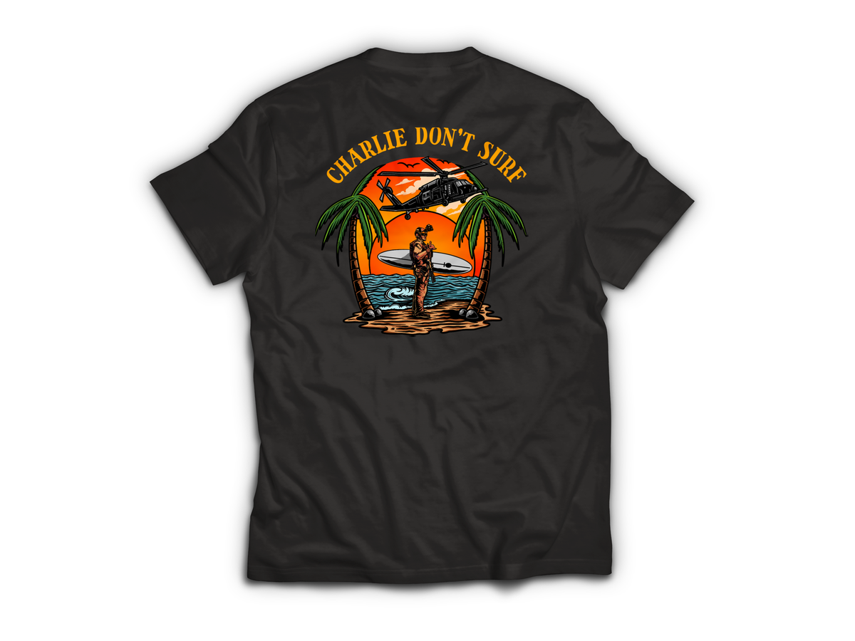 Charlie Don't Surf T-Shirt | Aviation & Military Graphic Tee — Black, back