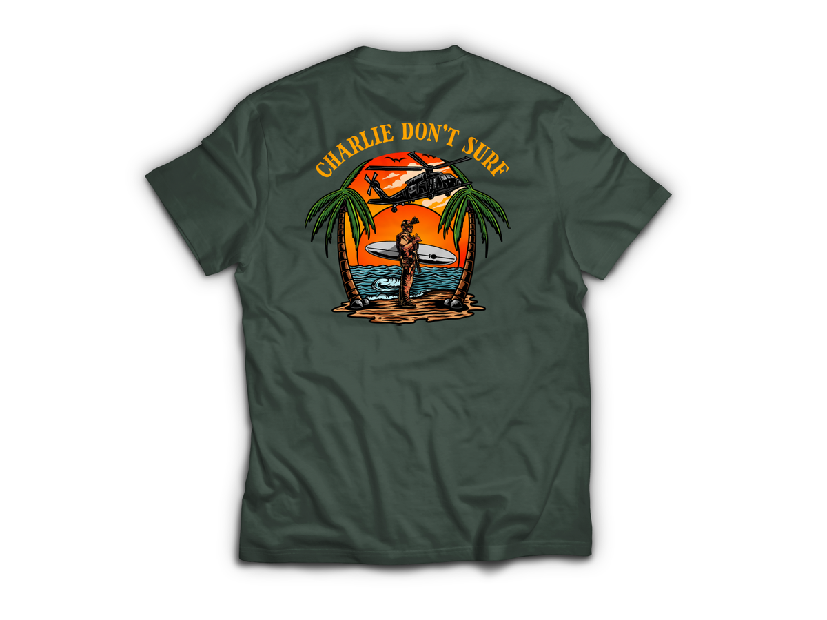 Charlie Don't Surf T-Shirt | Aviation & Military Graphic Tee — Forrest Green, back