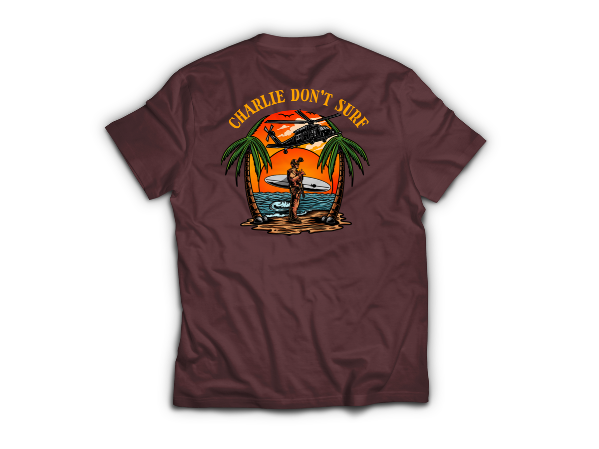 Charlie Don't Surf T-Shirt | Aviation & Military Graphic Tee — Maroon, back