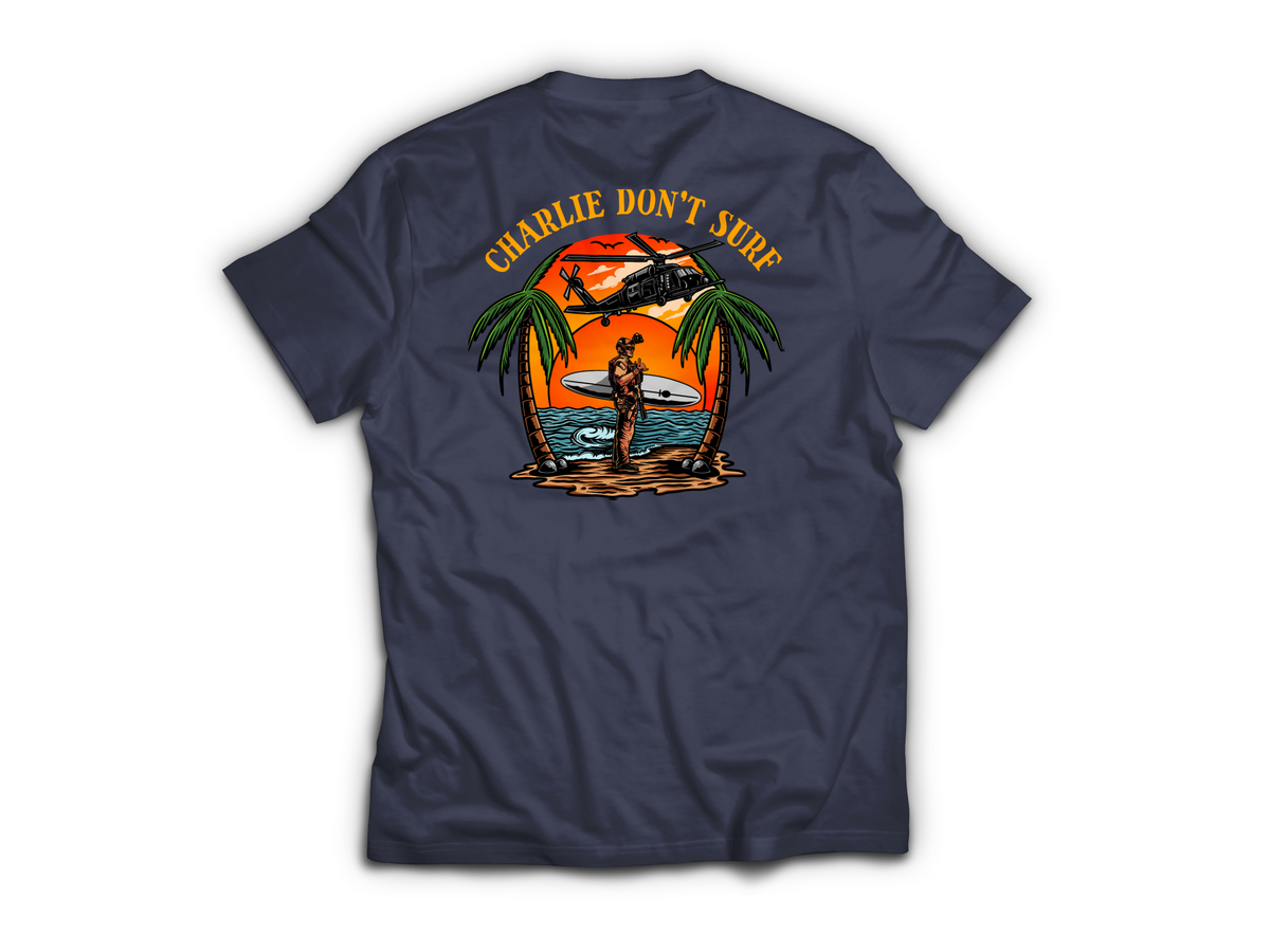 Charlie Don't Surf T-Shirt | Aviation & Military Graphic Tee — Navy, back