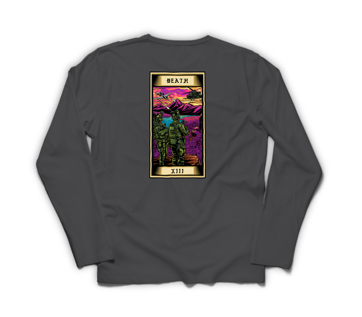 Death Tarot Card Long Sleeve — Dark Heather, back