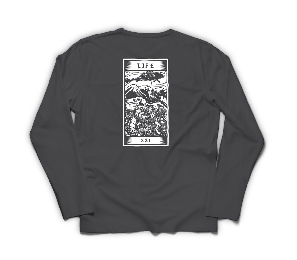 Life Tarot Card Long Sleeve — Dark Heather, back