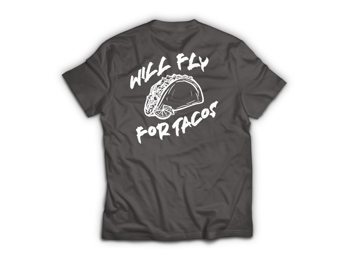 Will Fly For Tacos T-Shirt — Charcoal, back