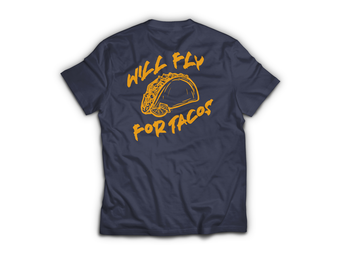 Will Fly For Tacos T-Shirt — Navy, back