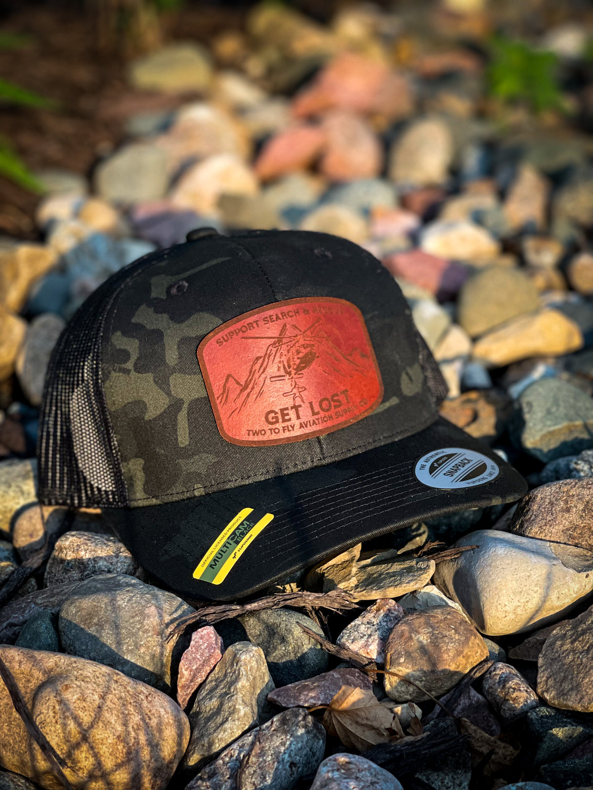 Get Lost V2 black MultiCam camo trucker cap with leather Support Search & Rescue patch