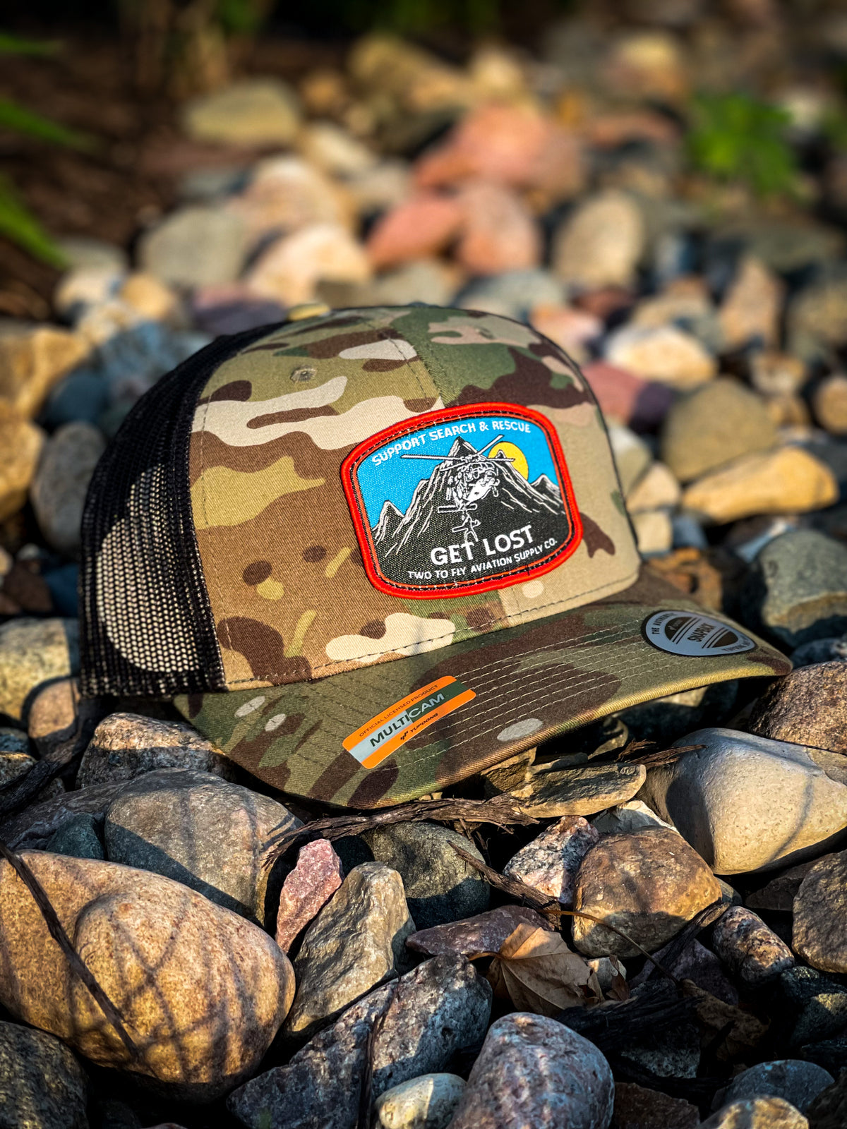 Get Lost V2 MultiCam camo trucker cap with woven Support Search & Rescue patch