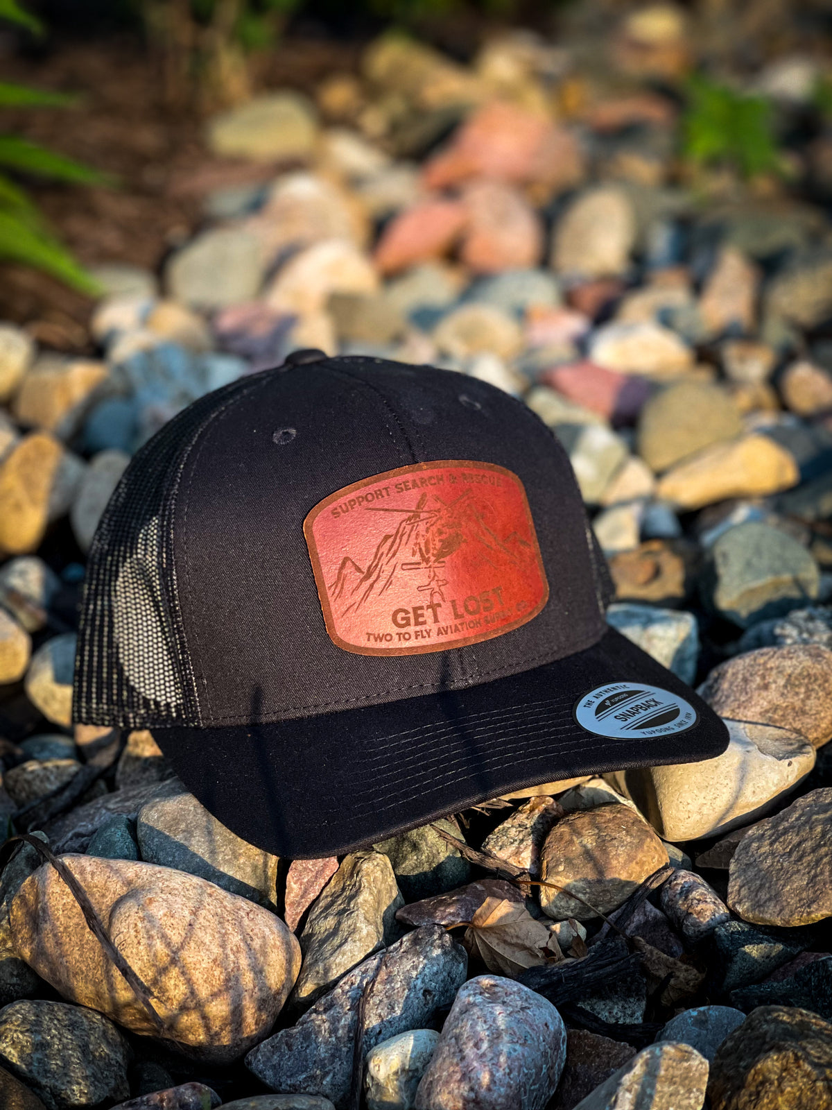 Get Lost V2 black snapback trucker cap with leather Support Search & Rescue patch