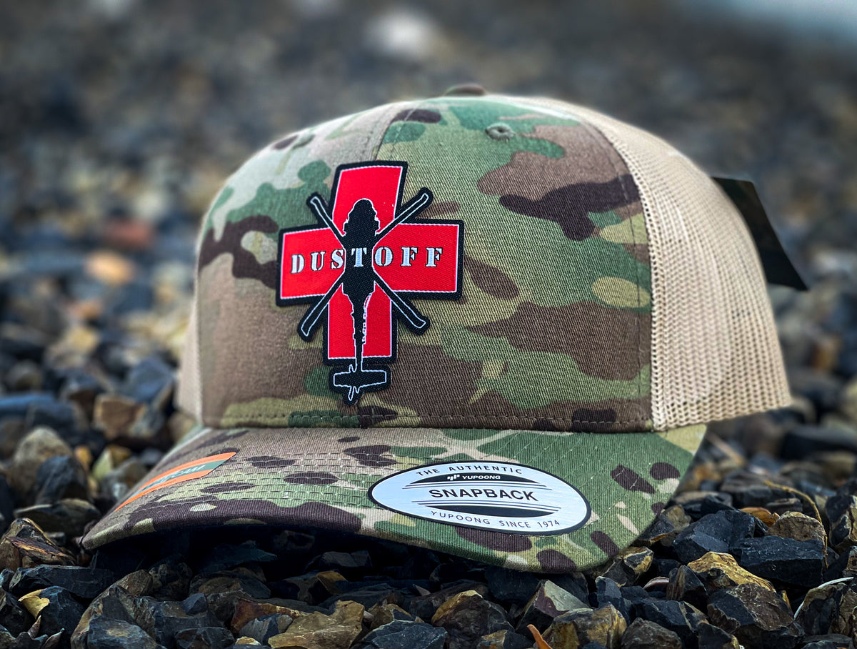 DUSTOFF cap, front view of the embroidered crest